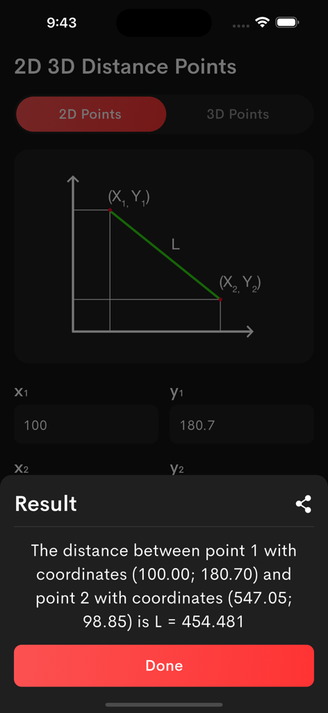 Distance Points Calculator - Distance Points Calculator app showing a 2D coordinate graph and the calculated distance between two points.