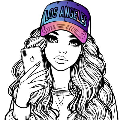 realistic beautiful girl wearing los ángeles cap holding an iphone