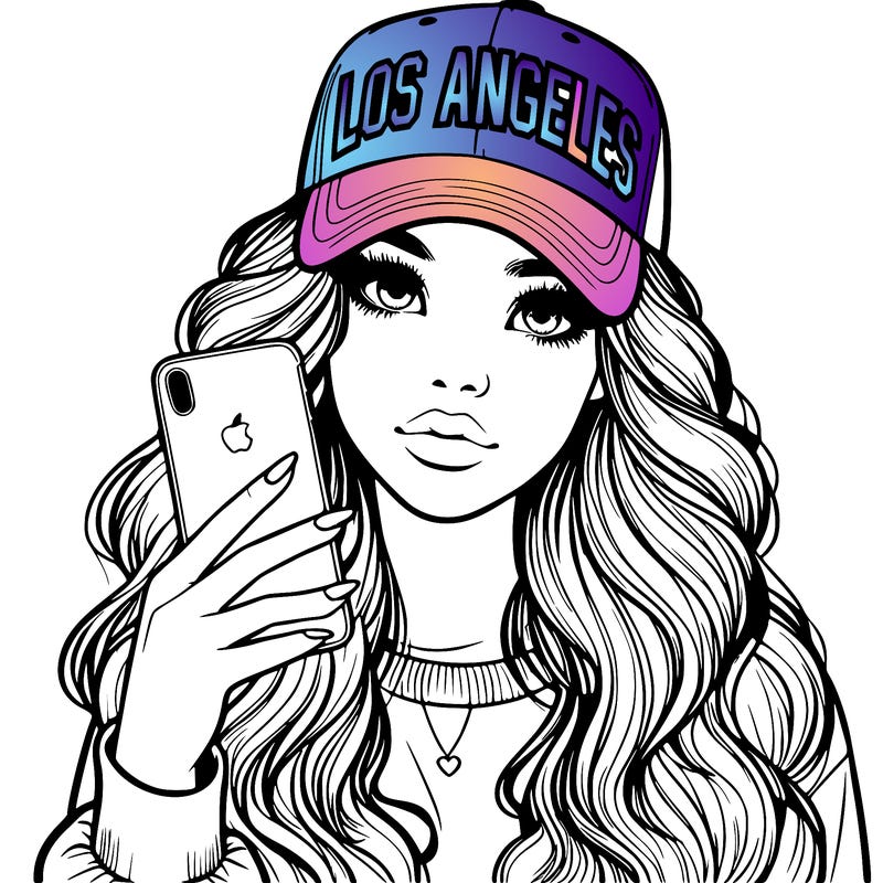 realistic beautiful girl wearing los ángeles cap holding an iphone
