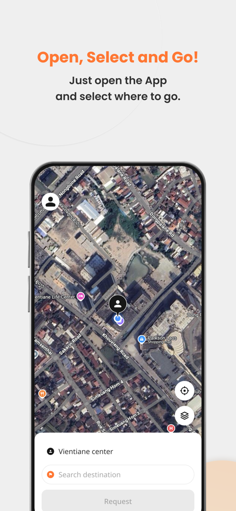 KOKKOK Move app interface showing a satellite map of Vientiane for ride-hailing and destination selection.