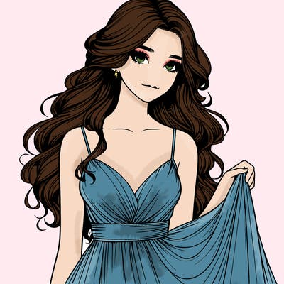 realistic girl in flowy silky prom dress