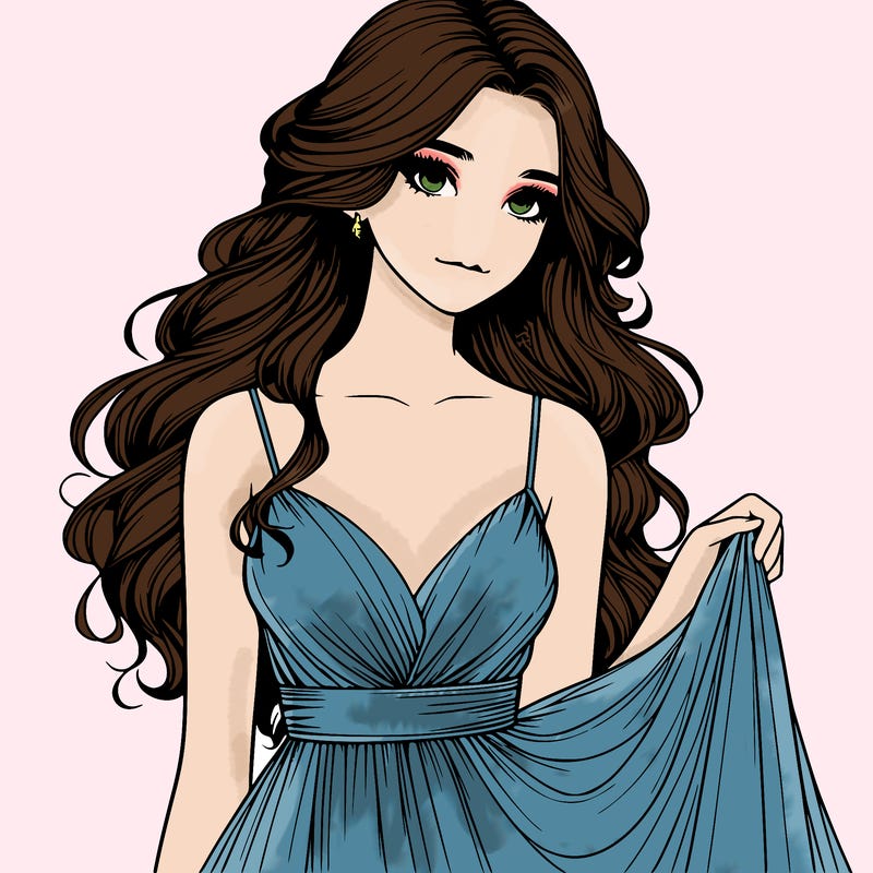 realistic girl in flowy silky prom dress