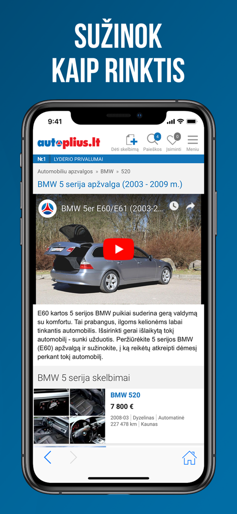 Interface da aplicação móvel Autoplius mostrando um vídeo de análise de carro e anúncio de veículo para um BMW Série 5