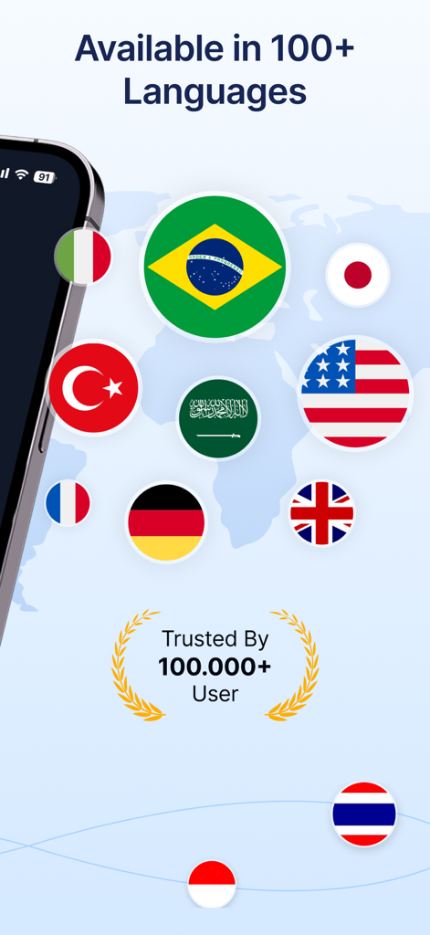 Transkriptor - Speech to Text - Transkriptor app interface showing support for over 100 languages with various international flags and a user trust badge