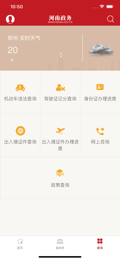河南政务应用的界面，展示了车辆违章、身份状态和政策信息等行政查询服务。