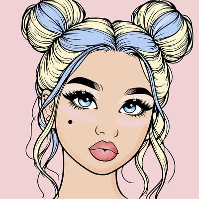 realistic girl with two buns on her hair and lips