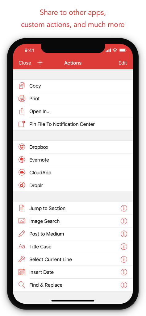 iPhone版1Writerのアクションメニューが、共有オプションとカスタム生産性スクリプトを表示