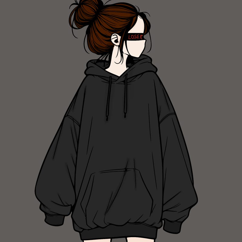 realistic girl with a oversized sweatshirt on and a bun