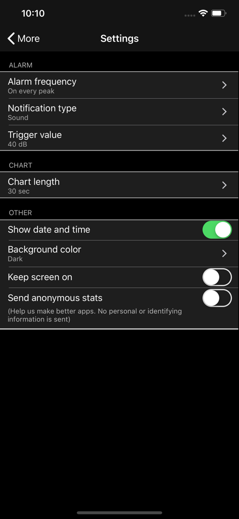 Sound Meter HQ settings screen showing noise alarm and chart configuration options