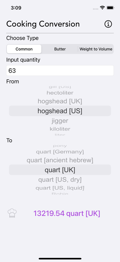 Cooking Conversion - Interface do aplicativo Conversão Culinária mostrando uma conversão de volume de 'hogshead' dos EUA para 'quart' do Reino Unido.