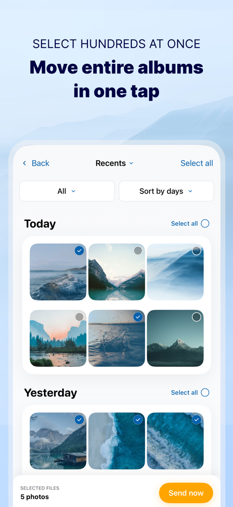 Photo Transfer: Send via WiFi - Schermata dell'app che mostra la selezione di più foto per il trasferimento in batch via WiFi