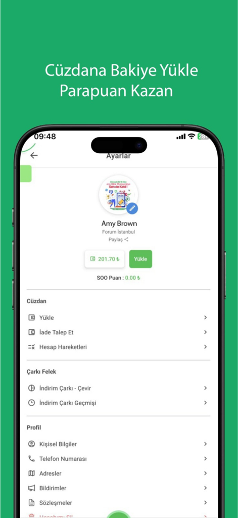 The user profile and digital wallet dashboard of the SOO mobile app showing balance and account settings.