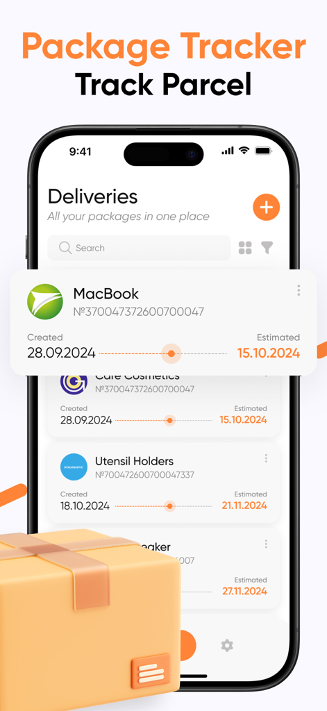Package & Shipping Tracker App - Mobile interface of the Package and Shipping Tracker app showing a list of tracked parcels with delivery status and estimated arrival dates.