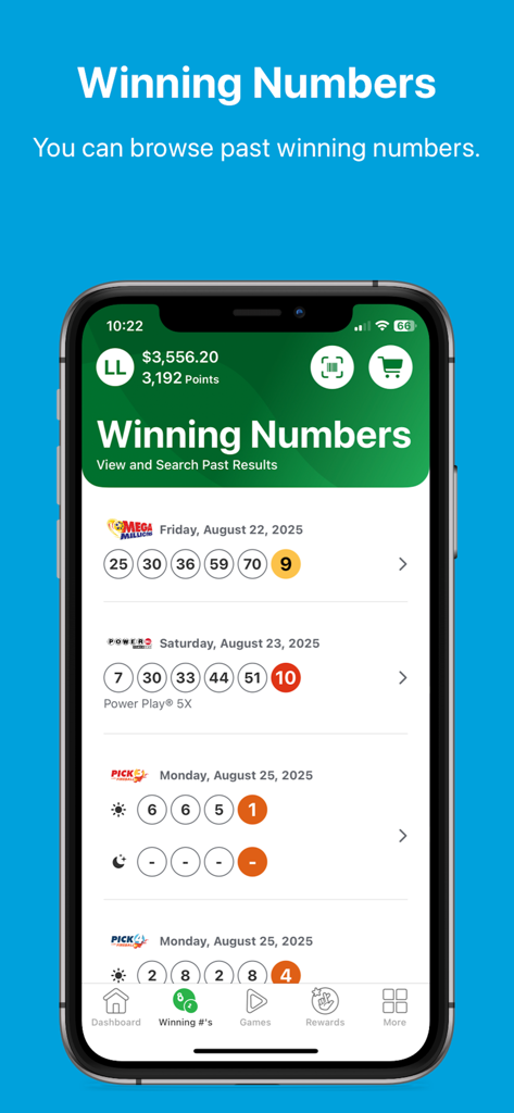 Virginia Lottery app displaying recent winning numbers for draw games