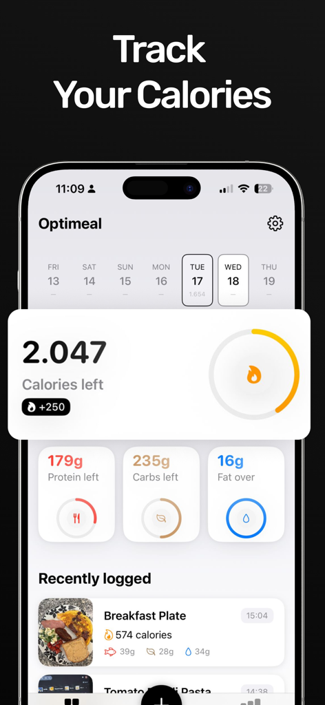 Optimeal: AI Calorie Counter - Panel de control del Contador de Calorías con IA de Optimeal que muestra el rastreo diario de calorías y macronutrientes en una pantalla de móvil