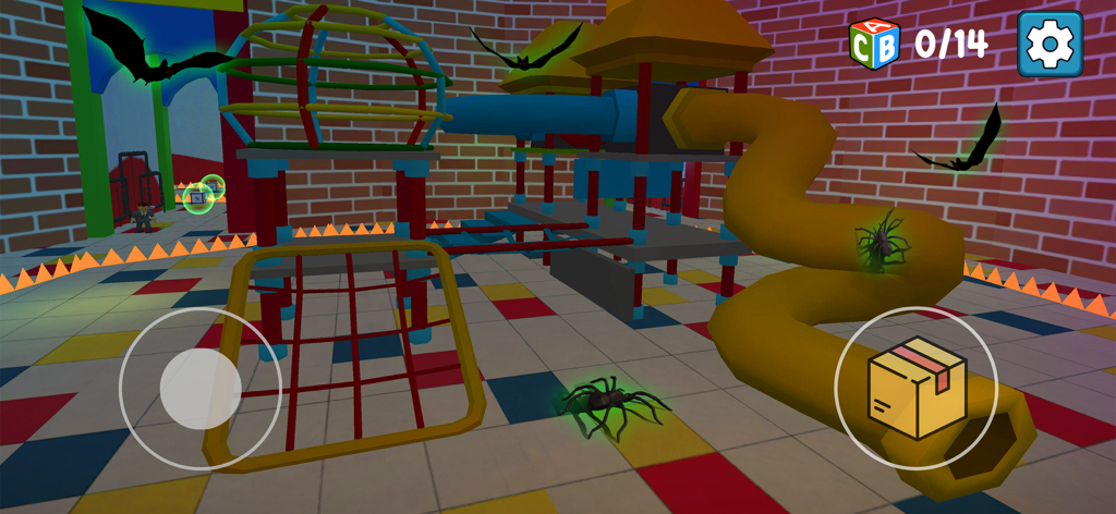 100 Monsters Game: Escape Room - Gameplay screenshot of 100 Monsters Game showing a 3D creepy playground environment with spiders and bats