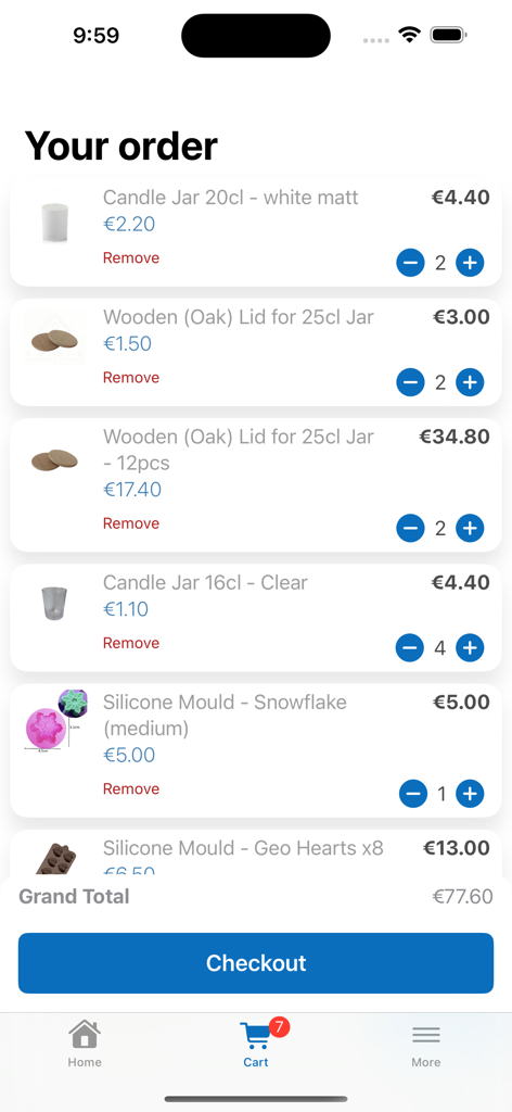 Candle Supplies Cyprus - Mobile app checkout screen showing a shopping cart filled with candle making supplies like jars lids and silicone moulds