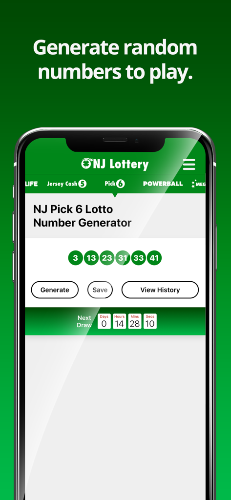 NJ Lottery app interface showing the Pick 6 Lotto random number generator with a set of generated numbers and a countdown timer for the next draw.