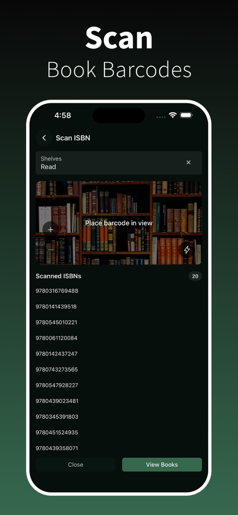 BookPine: Book Tracker Journal - Interface of BookPine app showing the ISBN barcode scanner feature for adding books to a digital collection