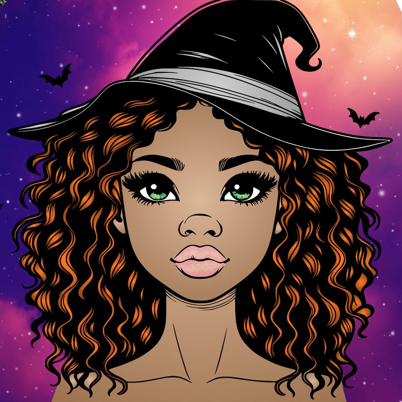 realistic black girl with wavy hair and witch hat and nose and lips