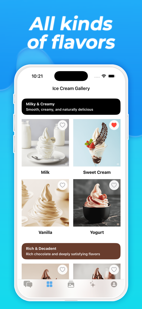 Sweet Video Chat - Ten - Una pantalla móvil que muestra la Galería de Helados en la aplicación Ten con varios sabores de helado suave como Leche y Vainilla