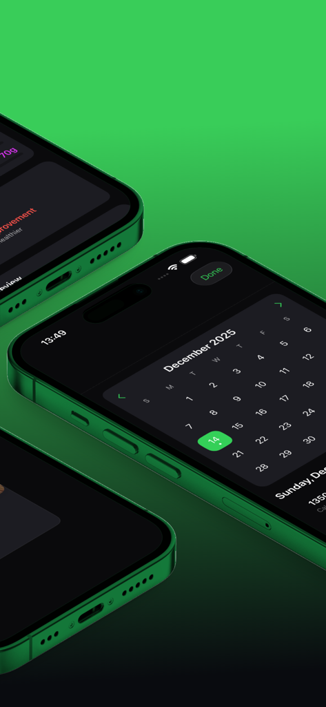 BodyMorpher: 3D Body Tracker - A group of green iPhones showing the BodyMorpher app calendar and health tracking interface