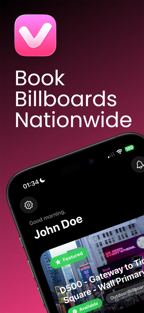 Smartphone screen displaying the Vue app used to book digital billboards in major cities like Times Square.
