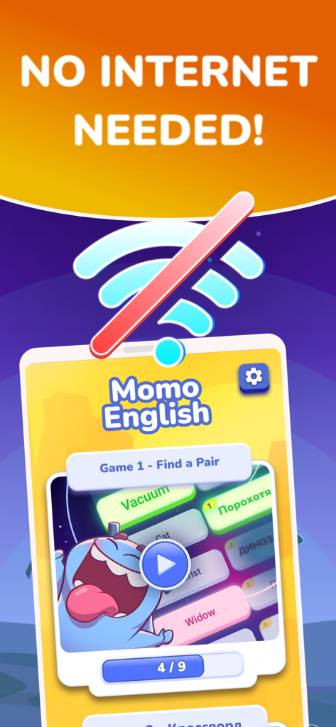 Smartphone screen of Learn English with Momo app highlighting the offline play feature and a vocabulary matching game