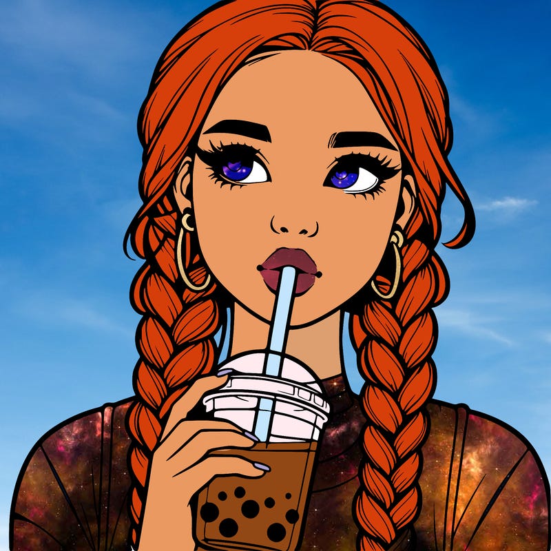 realistic girl with braided hair drinking boba