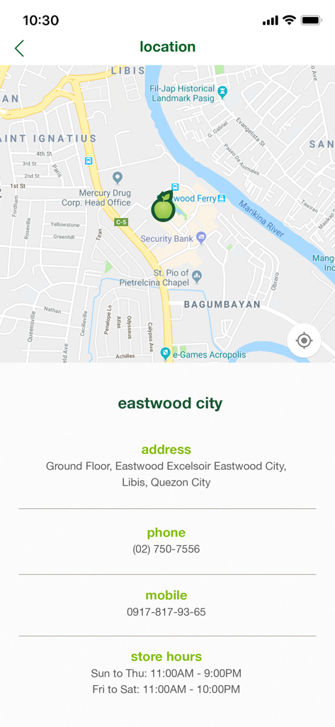 Healthy Options Philippines - Store location screen in the Healthy Options Philippines app showing details for the Eastwood City branch including address and store hours