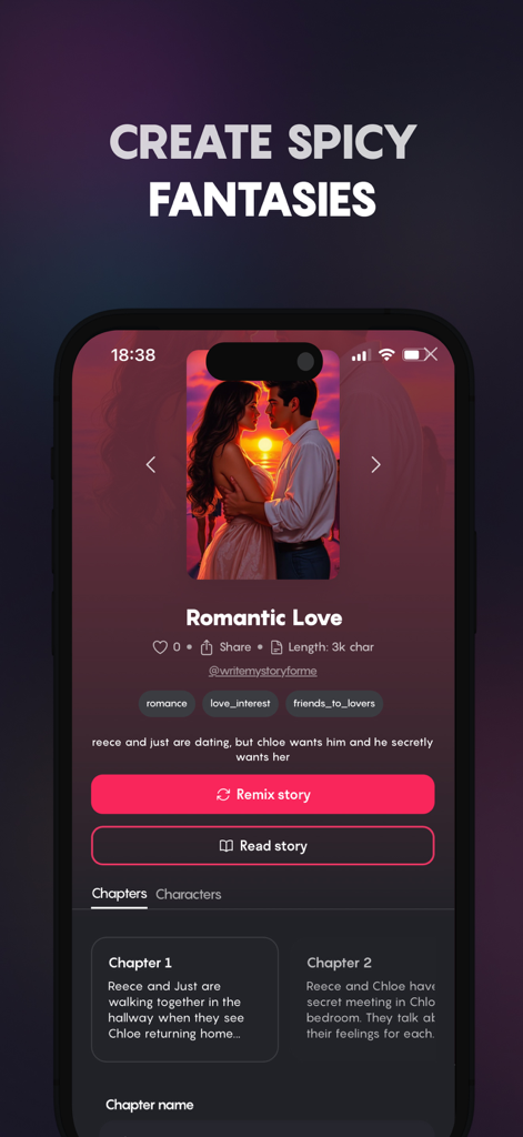 Dreampress AI: Story Generator - Interface de l'application Dreampress AI montrant un écran de création d'histoires romantiques avec un couple s'embrassant et des options pour lire ou remixer l'histoire.