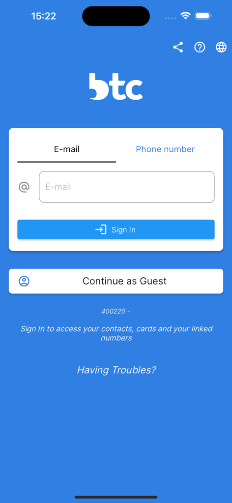 MyBTC - Login screen for the MyBTC app showing email and phone number sign in options with a continue as guest button