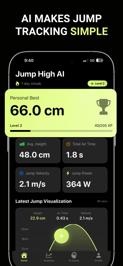Jump Higher AI – Jump Tracker - Panel de la aplicación Jump Higher AI mostrando métricas de salto vertical como récord personal, altura promedio, tiempo en el aire, velocidad y potencia