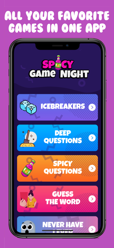 Spy Game: Group Party Games - Menu principale dell'app Spy Game che mostra diverse modalità di gioco per feste come Rompighiaccio e Domande Piccanti su sfondo viola.