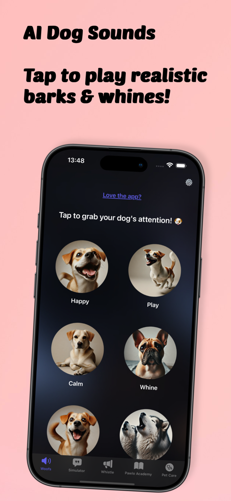 Dog to Human - Pawlo - Pawlo app showing the AI dog sounds feature with realistic barks and whines to grab a dog attention