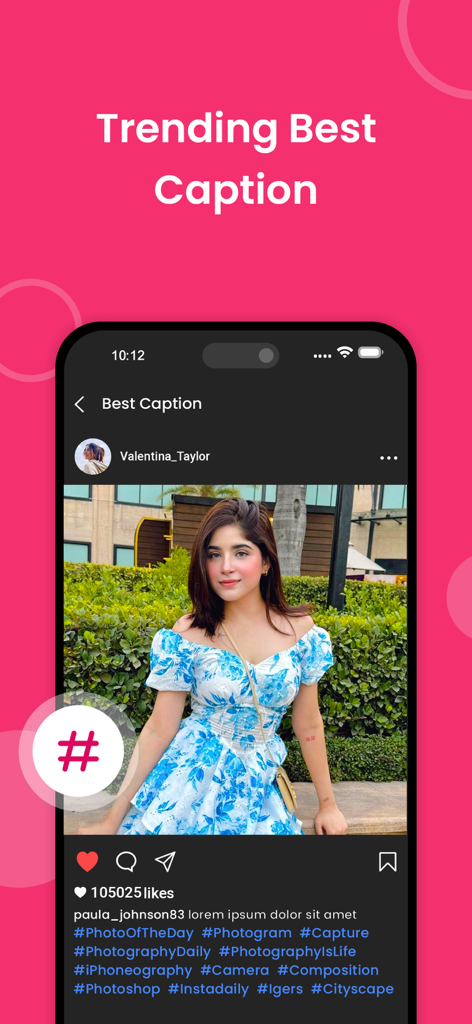 TopFollow - Tags - A mobile phone screen displaying a social media post with a list of trending hashtags and captions for engagement growth