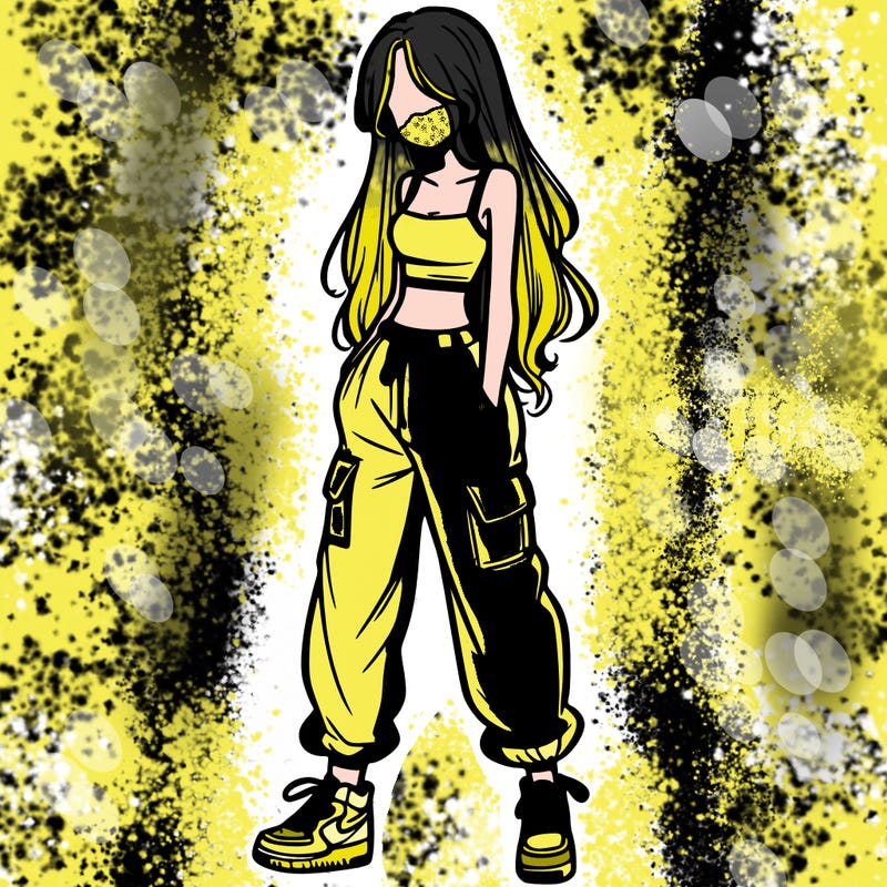 girl in baggy pants crop top and long hair