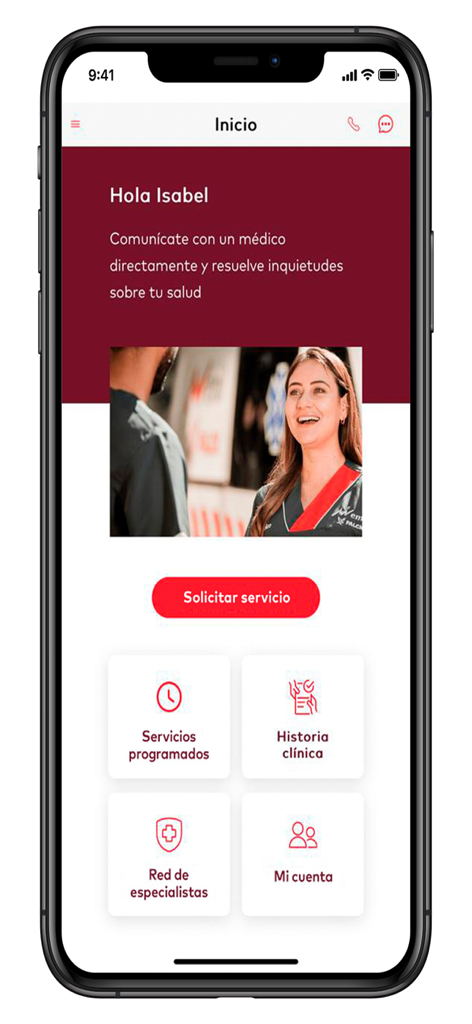 emi - Main dashboard of the emi medical app showing service request options and medical history features