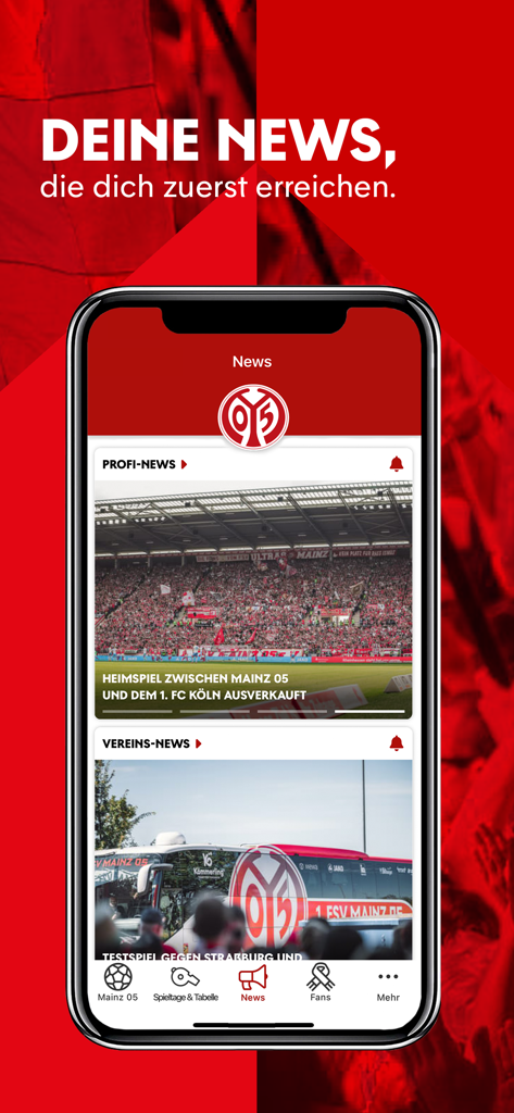 Interface do aplicativo móvel oficial do clube de futebol Mainz 05 com notícias sobre a equipe profissional e atualizações do clube