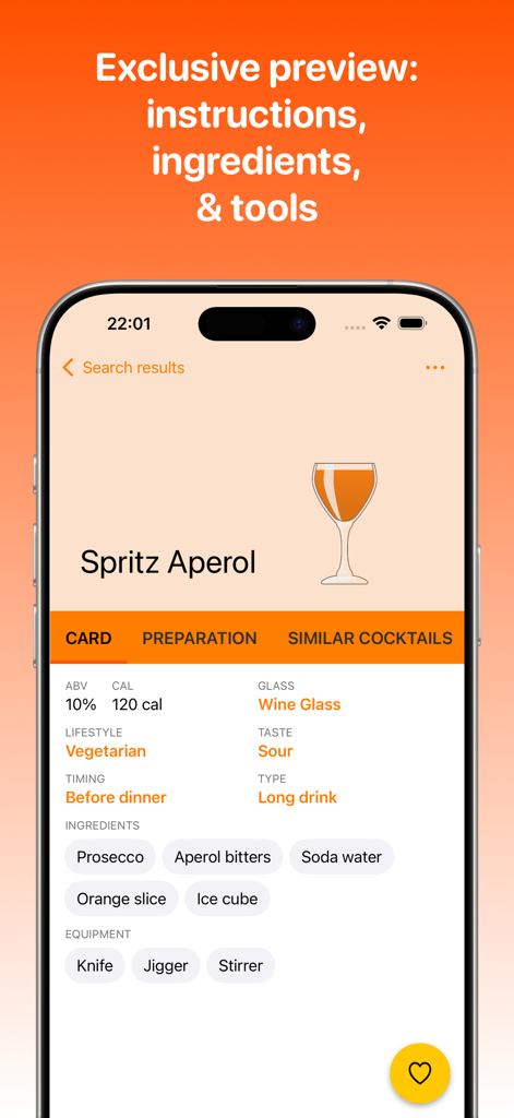 Cocktail Zone - A detailed cocktail recipe card for a Spritz Aperol showing calories, ingredients, and required bar tools.