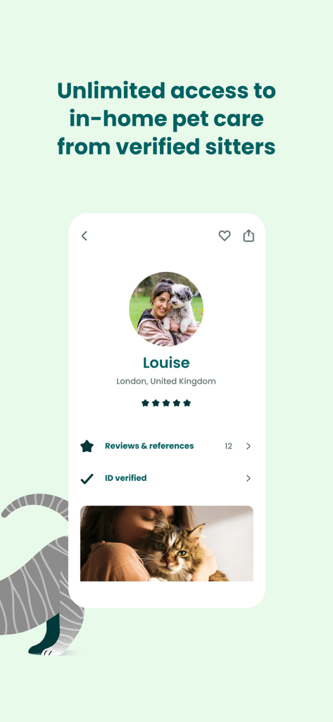 TrustedHousesitters app interface displaying a verified sitter profile with ratings and reviews