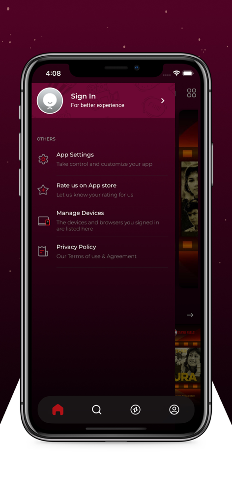 Karya Reels - Settings and sign in menu screen of the Karya Reels mobile app