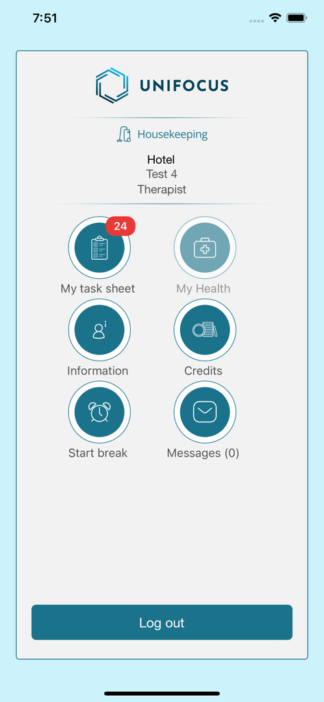 Main dashboard of the KNOW HK housekeeping app showing task lists and operational icons