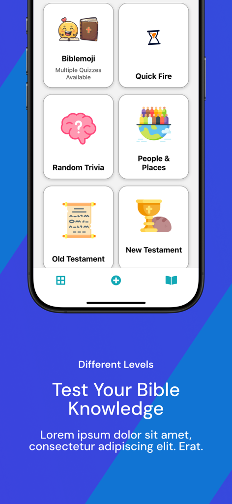 Bible Quiz: Yada - Interface do aplicativo Quiz Bíblico Yada exibindo diferentes modos de jogo, incluindo Biblemoji, Curiosidades Aleatórias e Novo Testamento.