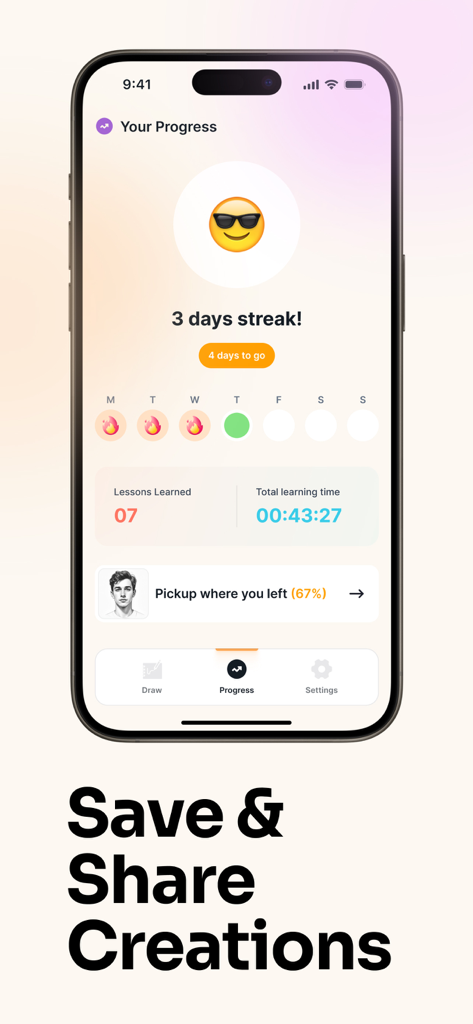 AR Drawing: Trace & Sketch Art - AR Drawing app progress dashboard showing drawing statistics and lesson streaks