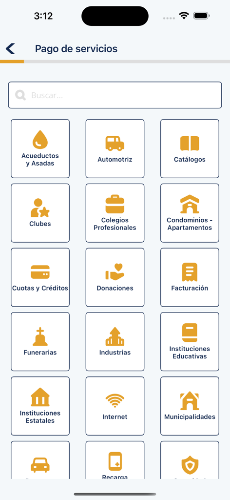 QPago - QPago mobile app screen showing a grid of service categories for bill payments including utilities internet and education