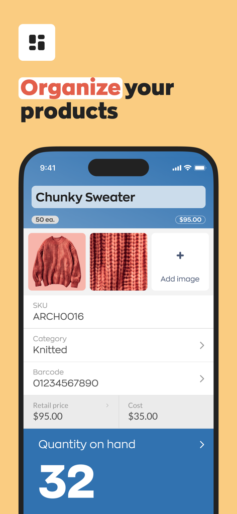 Bildschirm der mobilen App, der Produktdetails des Lagerbestands für einen Pullover anzeigt, einschließlich Menge und Preis