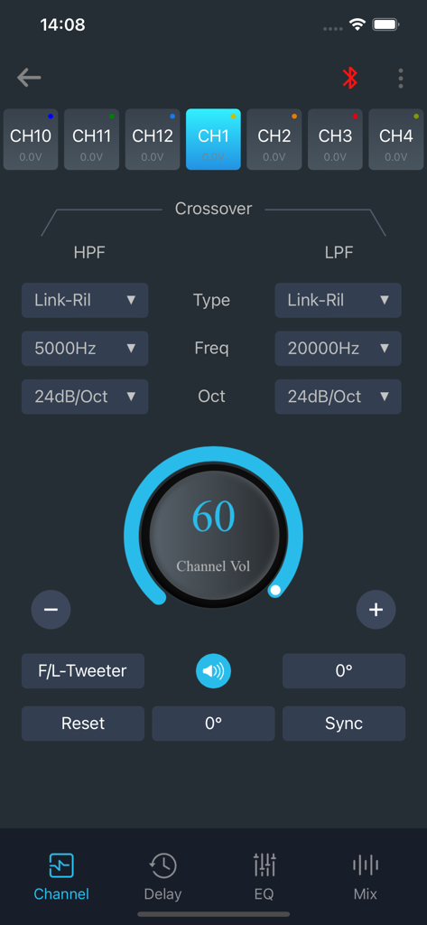 EZY-DSP - Interfaz de la aplicación EZY-DSP para afinar las frecuencias de crossover y el volumen del canal de audio del coche