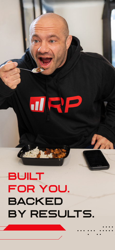 RP Diet Coach & Planner - A man in an RP hoodie eating a healthy meal prep dish with a smartphone and the text Built For You Backed By Results