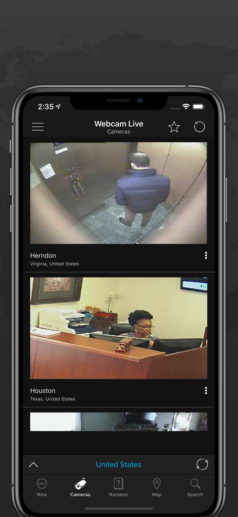 Web Cam Online IP - App interface displaying live public webcam feeds from Herndon Virginia and Houston Texas